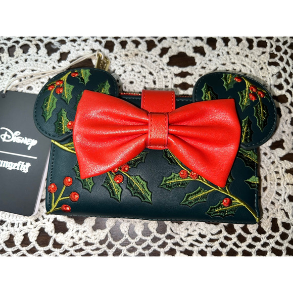 Loungefly Disney Minnie Mouse Holiday Holly Ears Mini Backpack Wallet Set - Picture 8 of 10